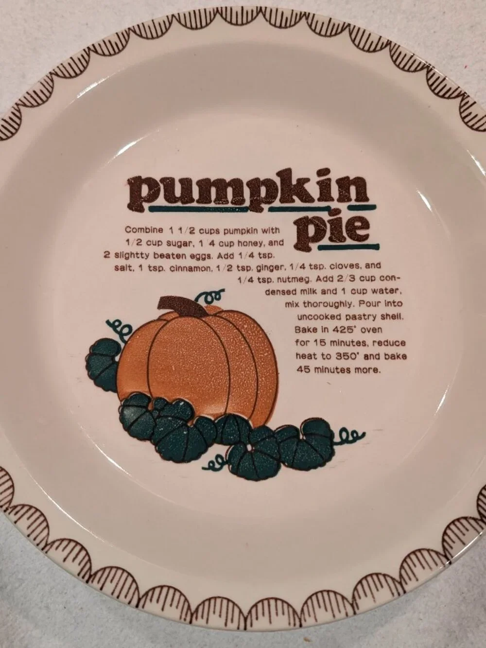 Vintage Muir Glen Pottery Pumpkin Pie Recipe Dish 10.5